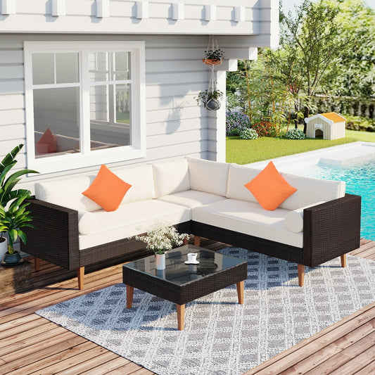4-Piece Outdoor Wicker Sofa Set, L-Shape Patio Furniture With Colorful Pillows BEUPFORLIFE.com