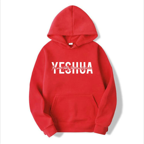 Red Yeshua Christian pullover hoodie with white faith-based graphic