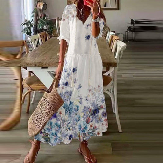 Long Sleeve Loose Bohemian Printed V-neck Maxi Dress BEUPFORLIFE.com
