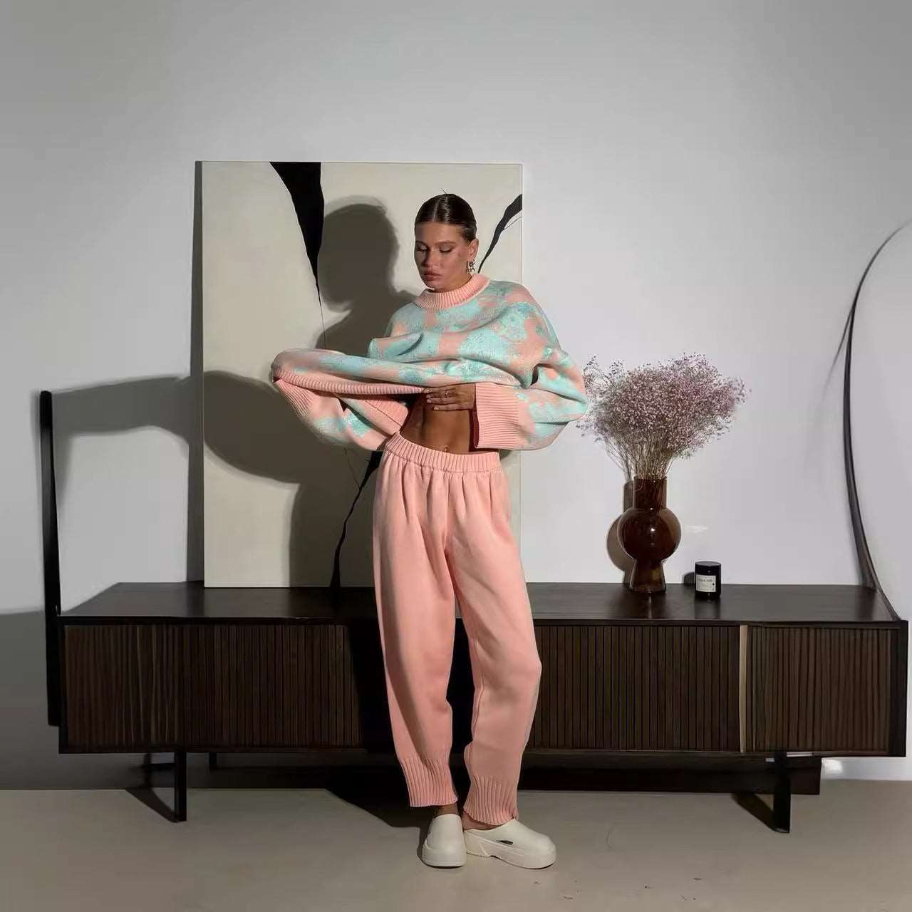 Contrast Color Sweater Straight-leg Trousers Two-piece Inner Wear