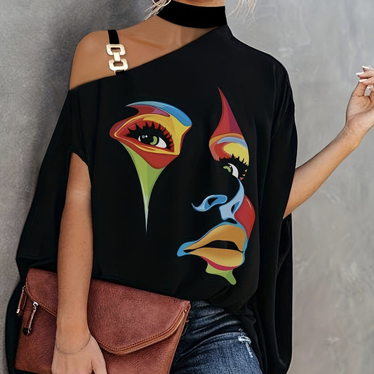 Slanted Shoulder Collar Printed T-shirt Top BEUPFORLIFE.com