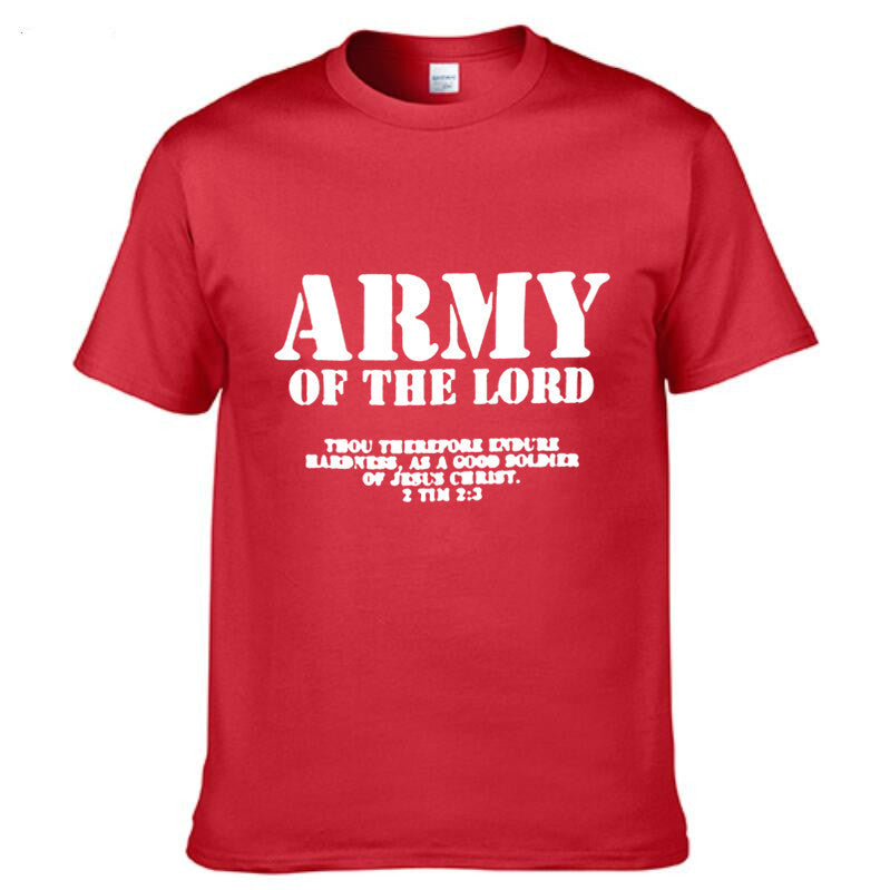 Red t-shirt with 'Army of the Lord' text on a white background