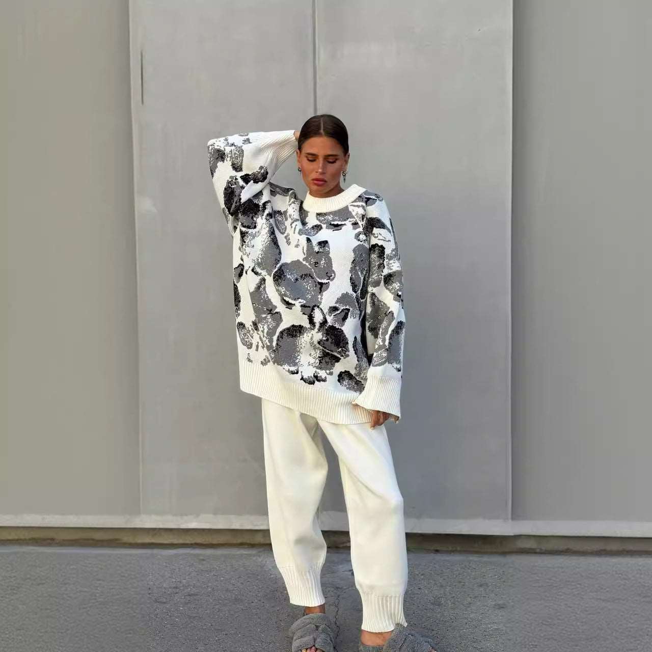Contrast Color Sweater Straight-leg Trousers Two-piece Inner Wear