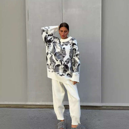 Contrast Color Sweater Straight-leg Trousers Two-piece Inner Wear
