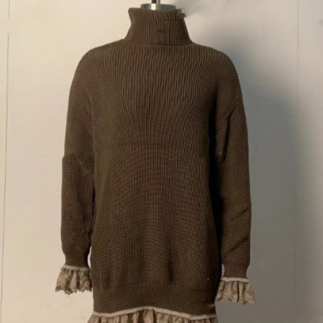 Knitted High-neck Ruffled Long-sleeve Gray Sweater Be Up For Life