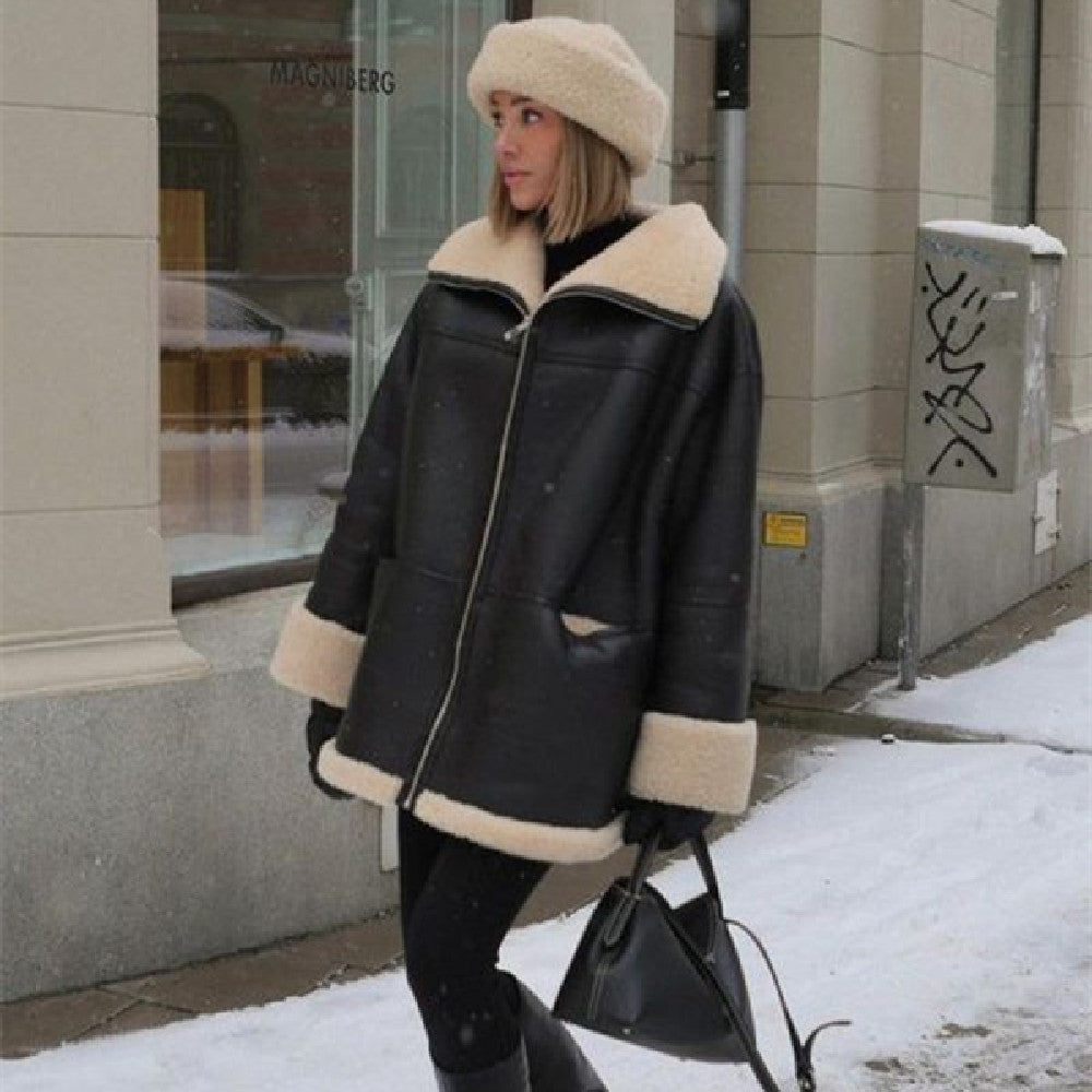 Cashmere Leather Fur Collar Leather Coat