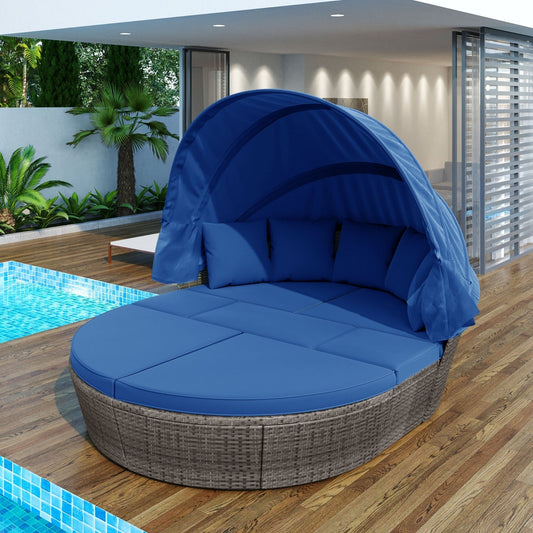 Outdoor Rattan Daybed/Sun bed w/ Retractable Canopy Wicker Furniture, Round Outdoor Sectional BEUPFORLIFE.com