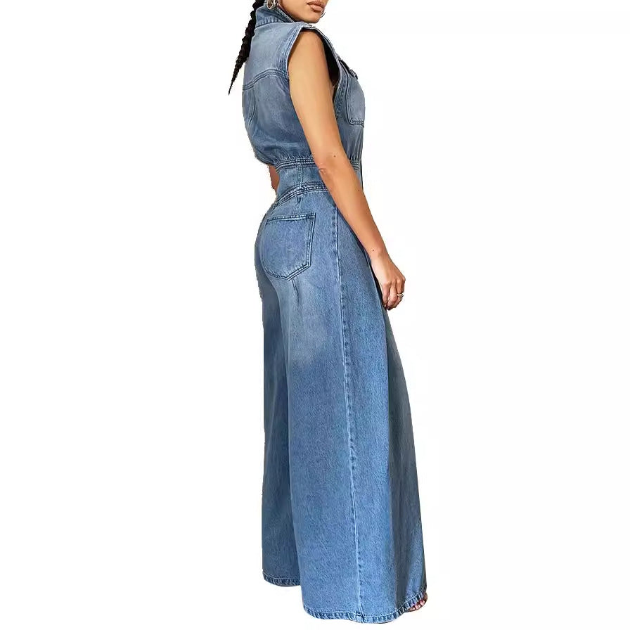 Washed-out Sleeveless Denim, One-piece Wide-leg jumpsuit - BEUPFORLIFE.com