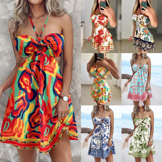 Printed Off-shoulder Halter Hollow Dress BEUPFORLIFE.com