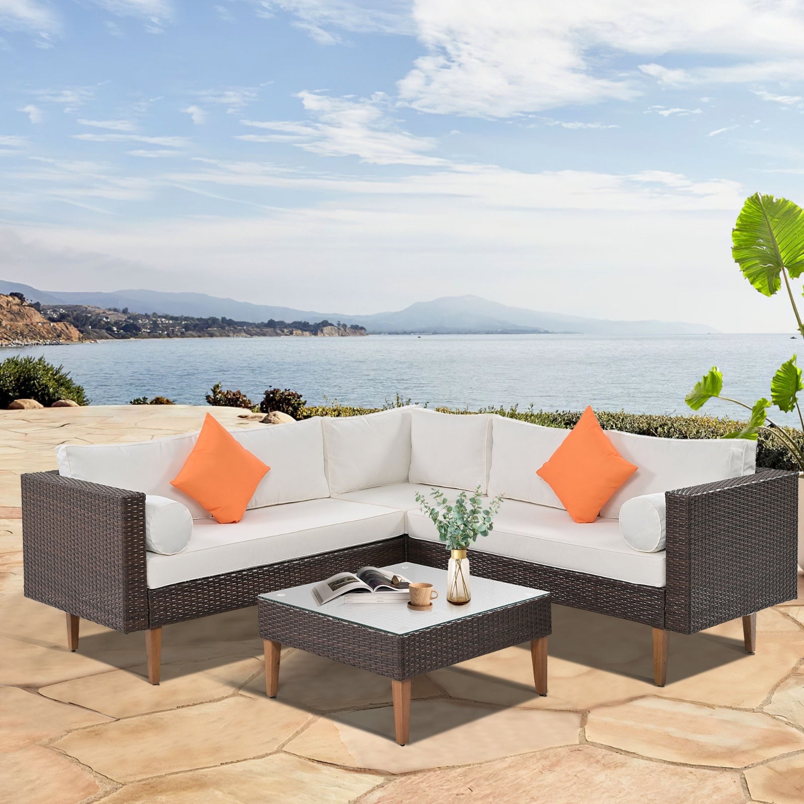 4-Piece Outdoor Wicker Sofa Set, L-Shape Patio Furniture With Colorful Pillows BEUPFORLIFE.com