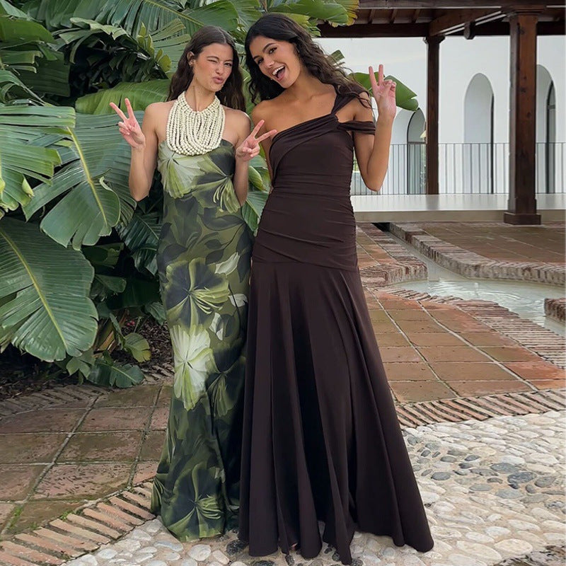 Cold-shoulder Bodycon Pleated Suspender Long Dress BEUPFORLIFE.com