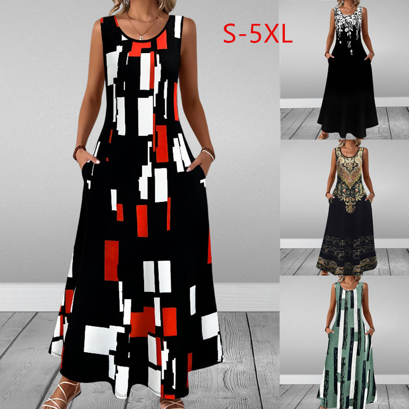 Sleeveless Slim Fit Elegant Printed Pocket Dress BEUPFORLIFE.com
