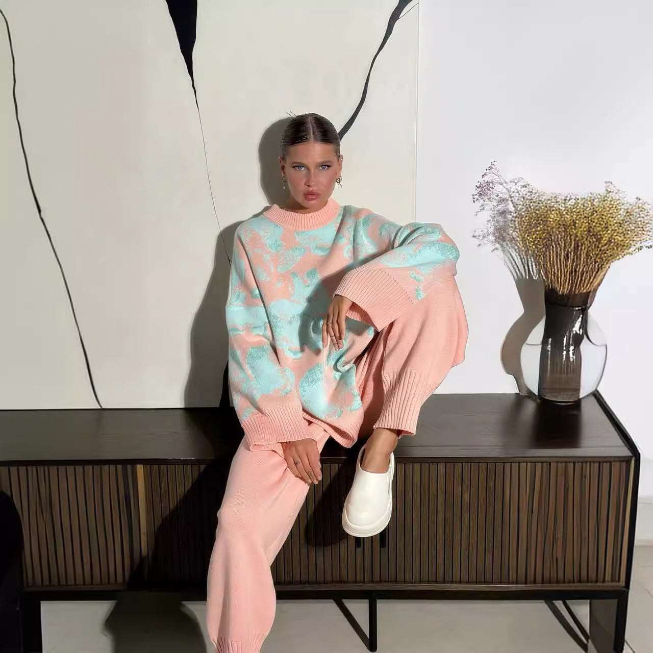 Contrast Color Sweater Straight-leg Trousers Two-piece Inner Wear