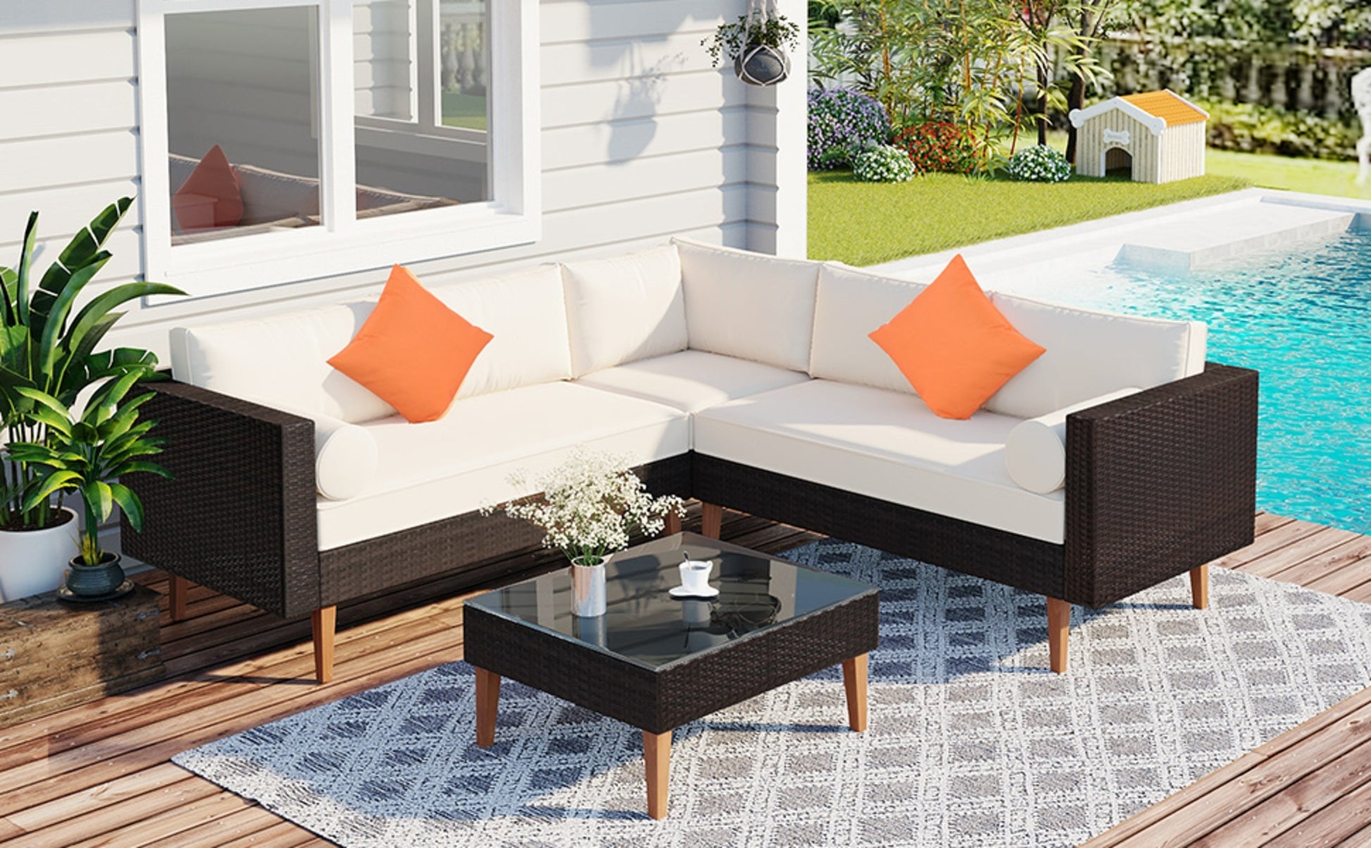 4-Piece Outdoor Wicker Sofa Set, L-Shape Patio Furniture With Colorful Pillows BEUPFORLIFE.com