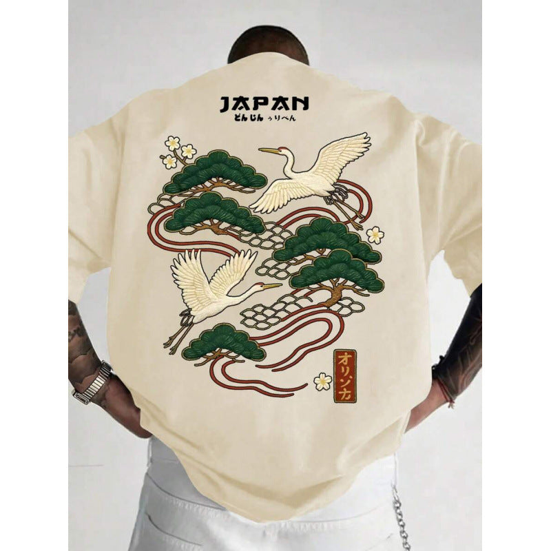 Casual Versatile Japanese Crane Print Top