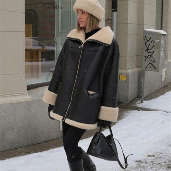 Cashmere Leather Fur Collar Leather Coat