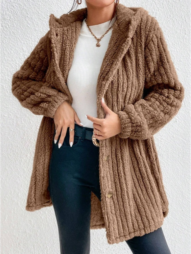 Button Front Hooded Teddy Coat BEUPFORLIFE.com