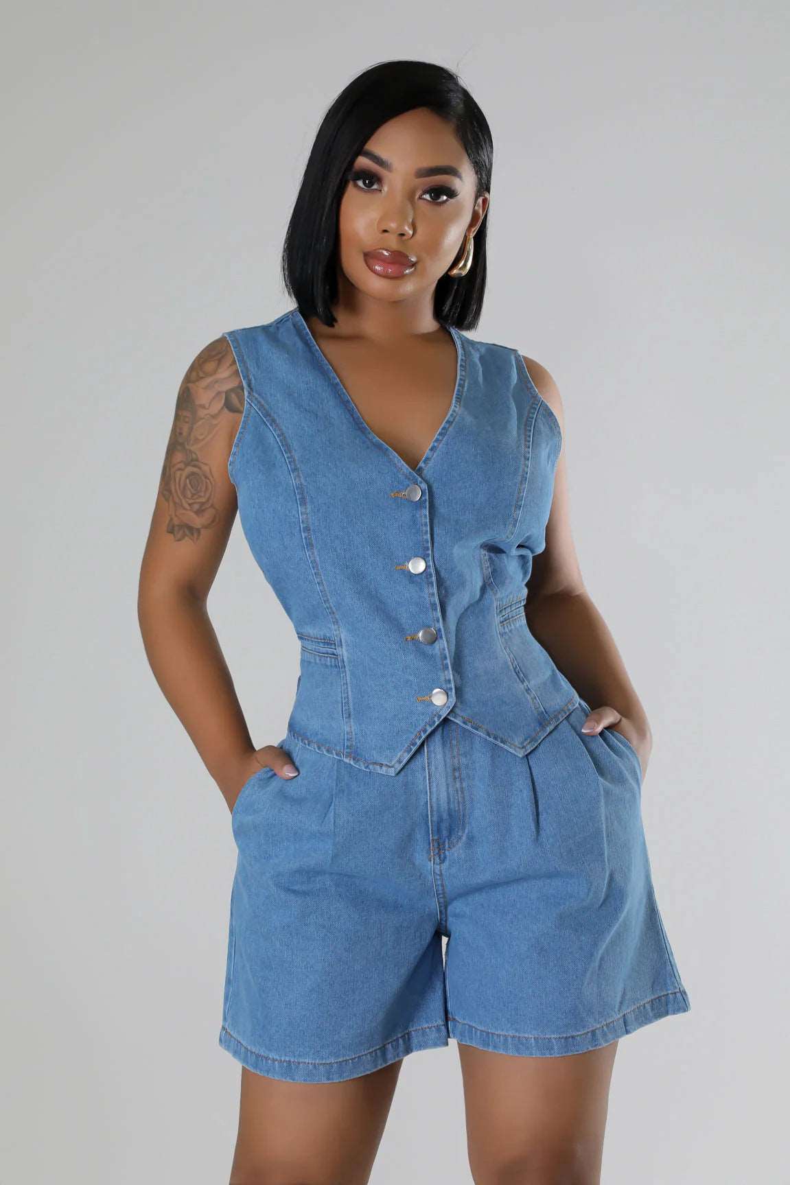 Casual Sleeveless High Waist Women's Denim Shorts Suit