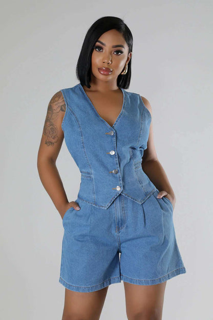 Casual Sleeveless High Waist Women's Denim Shorts Suit
