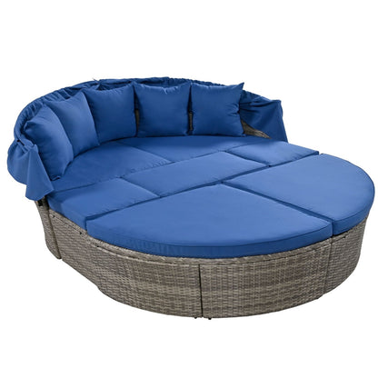 Outdoor Rattan Daybed/Sun bed w/ Retractable Canopy Wicker Furniture, Round Outdoor Sectional BEUPFORLIFE.com