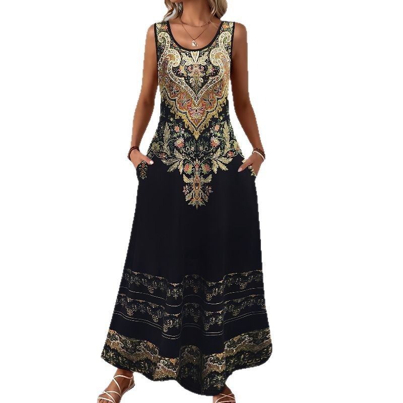 Sleeveless Slim Fit Elegant Printed Pocket Dress BEUPFORLIFE.com