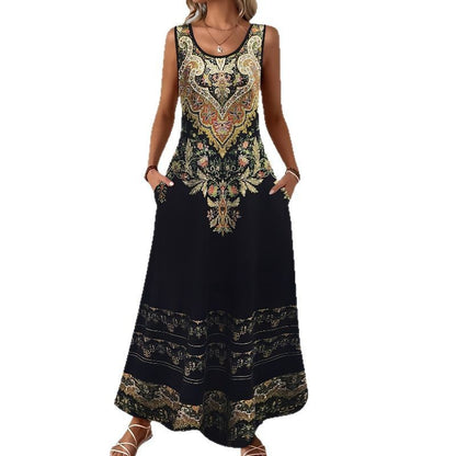 Sleeveless Slim Fit Elegant Printed Pocket Dress BEUPFORLIFE.com