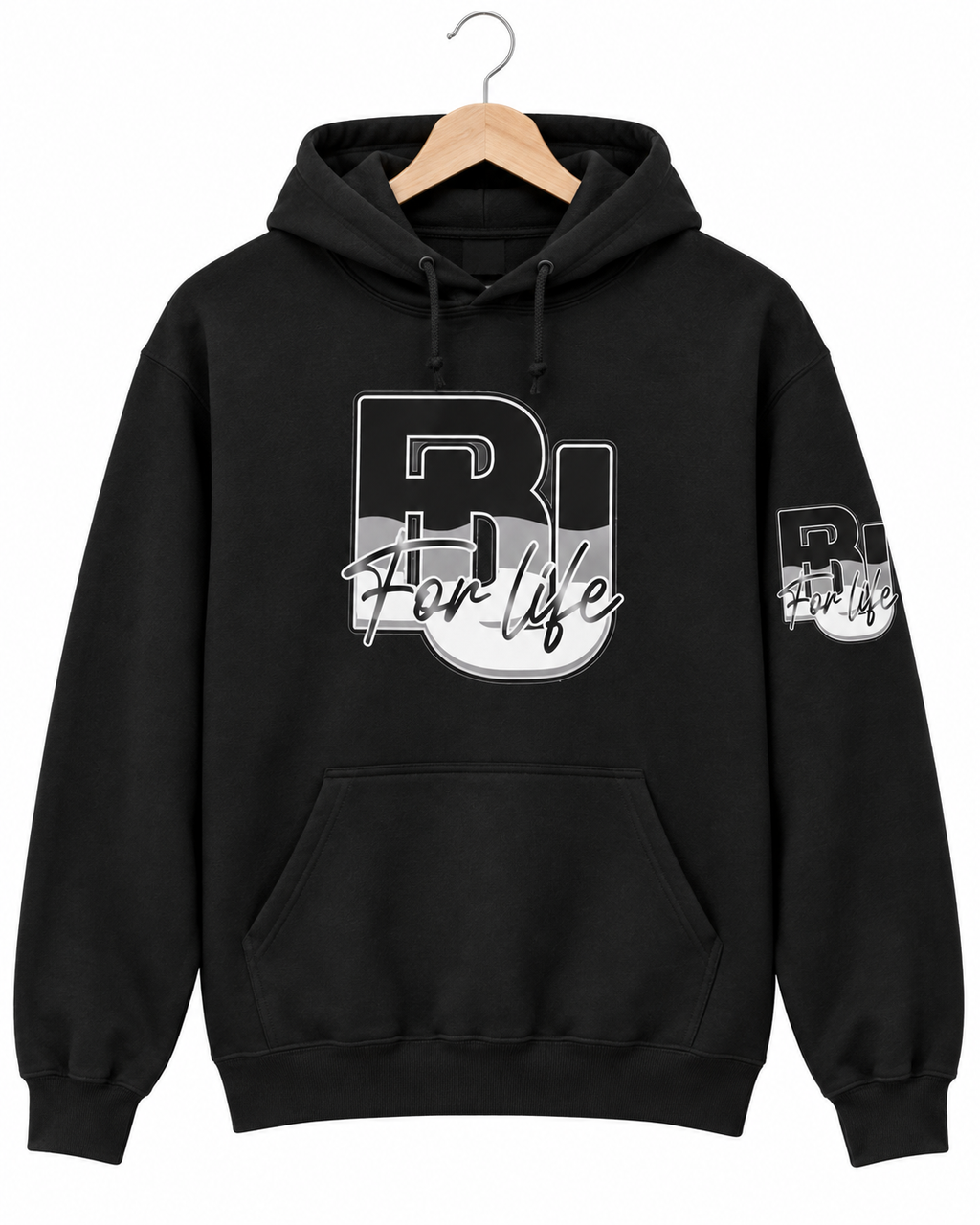 A black BU FOR LIFE pullover hoodie hanging on a wooden hanger against a white background, featuring a large 'BU For life' graphic on the front and a smaller matching graphic on the left sleeve.