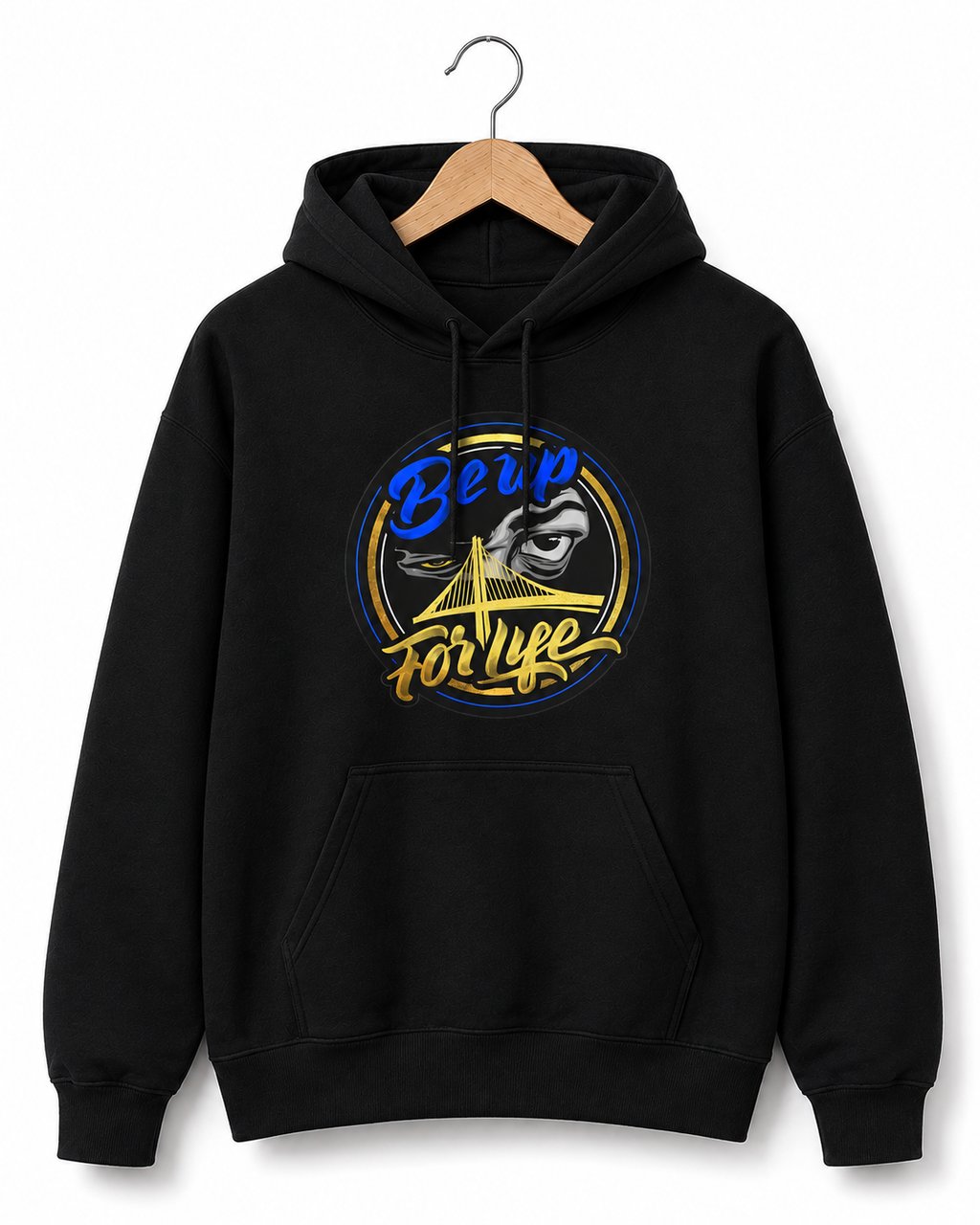 Black Be Up For Life unisex hoodie featuring the blue, gold and black Bay Bridge logo on a wooden hanger.
