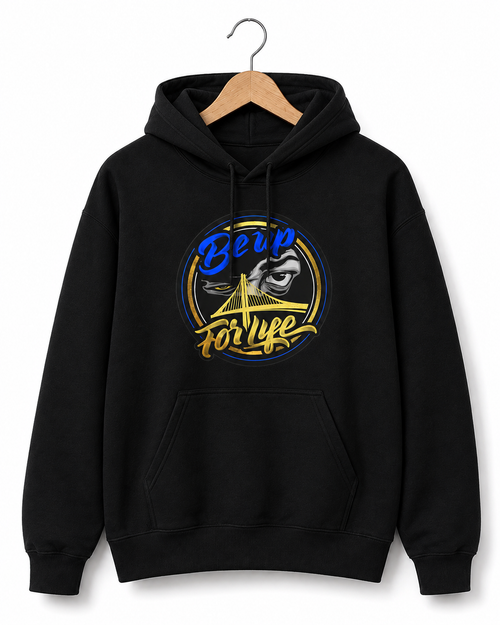 Black Be Up For Life unisex hoodie featuring the blue, gold and black Bay Bridge logo on a wooden hanger.
