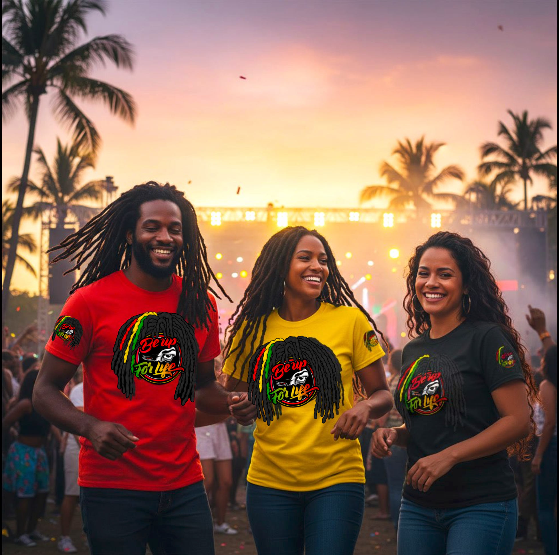 Three people wearing Be Up For Life Rasta Style t-shirts  at a lively outdoor event with palm trees and lights in the background.