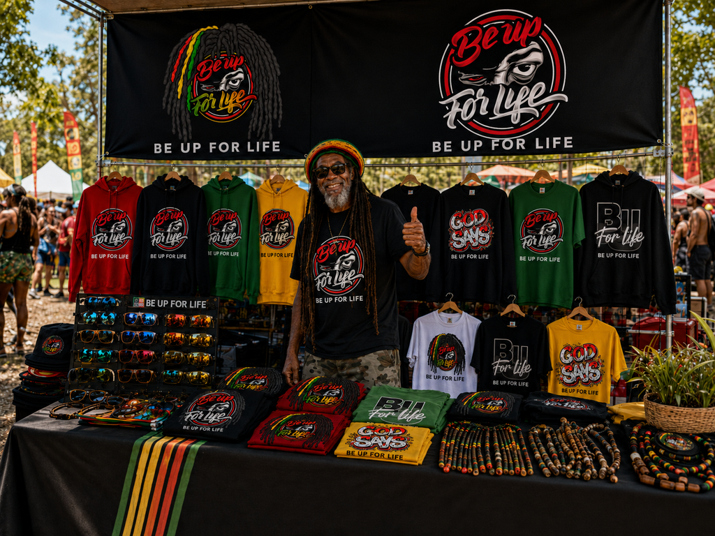 Be Up For Life reggae festival booth displaying branded hoodies, T-shirts and sunglasses with a smiling Rasta vendor.
