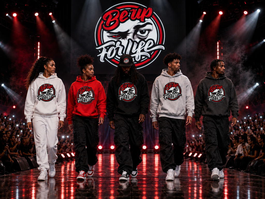 Five people walk down a runway wearing matching BE UP FOR LIFE hoodies and sweatpants with the BE UP FOR LIFE logo displayed on the stage behind them.