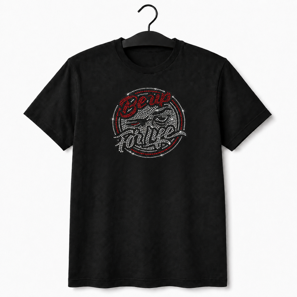 Red Be Up For Life unisex T-shirt featuring a circular red, crystal-silver and black rhinestone logo.
