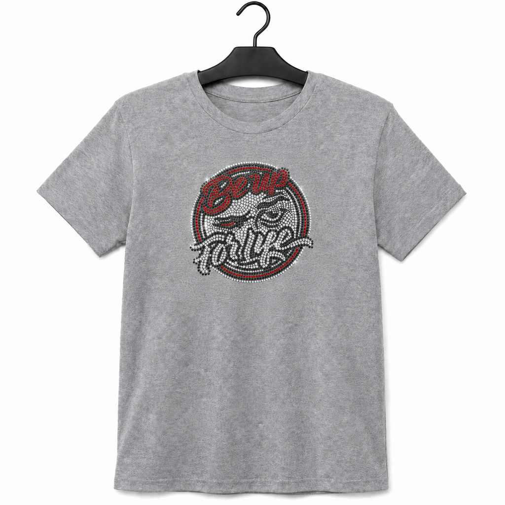 Red Be Up For Life unisex T-shirt featuring a circular red, crystal-silver and black rhinestone logo.
