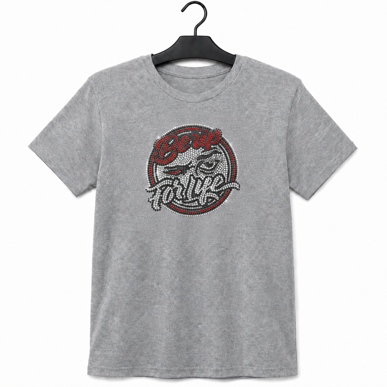 Red Be Up For Life unisex T-shirt featuring a circular red, crystal-silver and black rhinestone logo.
