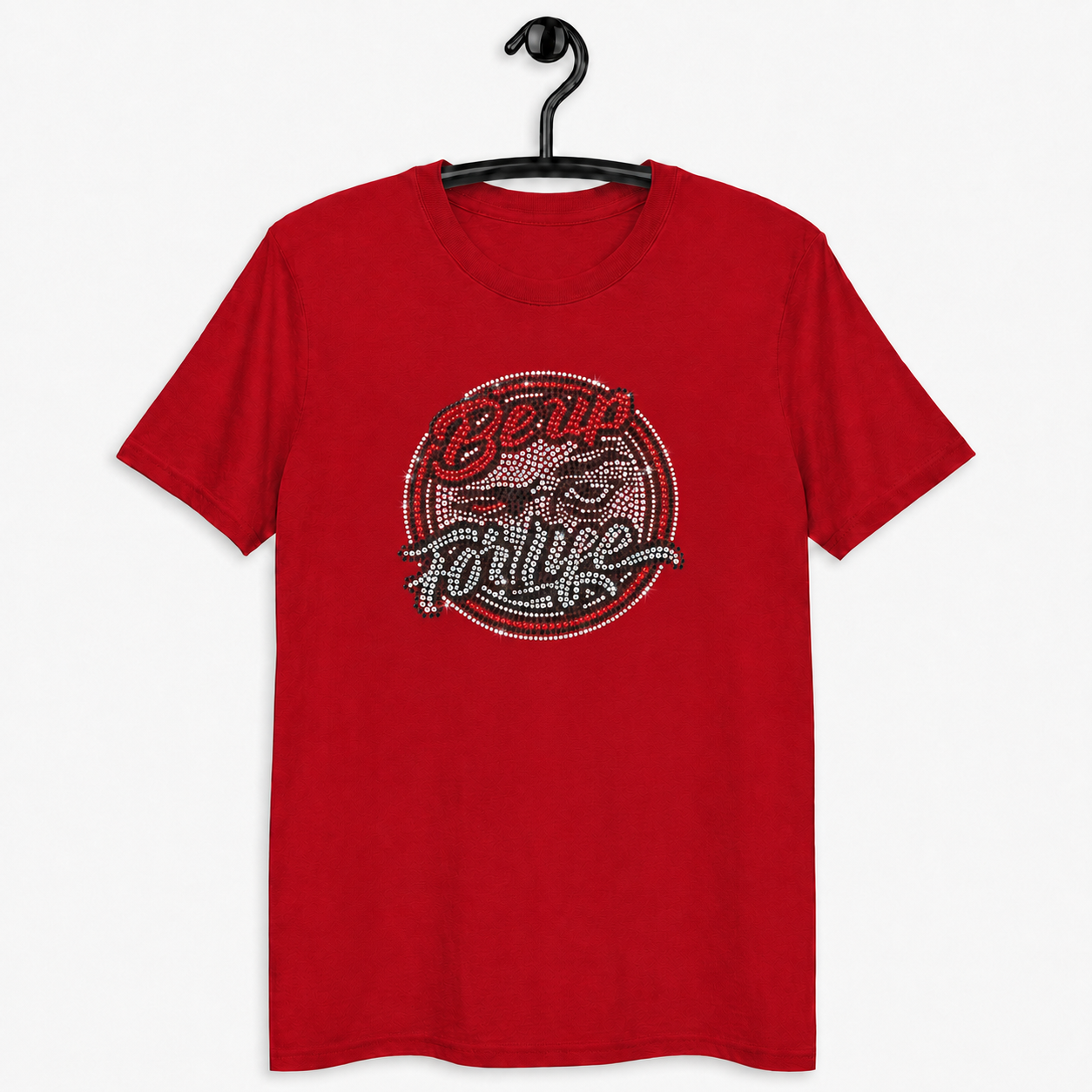 Red Be Up For Life unisex T-shirt featuring a circular red, crystal-silver and black rhinestone logo.
