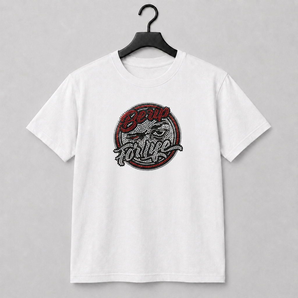 Red Be Up For Life unisex T-shirt featuring a circular red, crystal-silver and black rhinestone logo.
