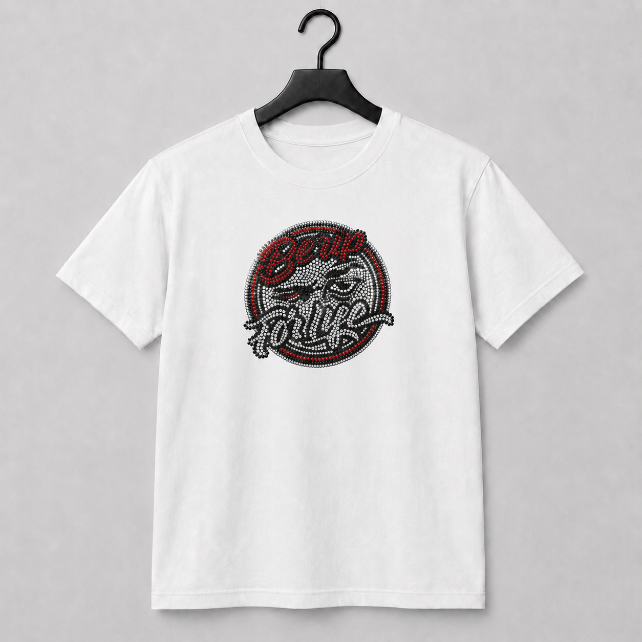 Red Be Up For Life unisex T-shirt featuring a circular red, crystal-silver and black rhinestone logo.
