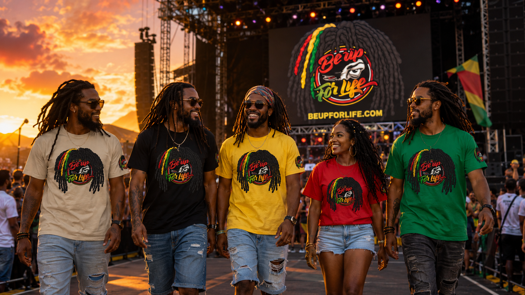 Five Stage crew members all wearing Be Up For Life Rasta Style T Shirts walking to vendor booth at Reggae Festival