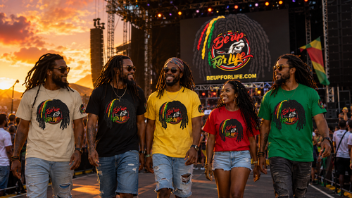 Five Stage crew members all wearing Be Up For Life Rasta Style T Shirts walking to vendor booth at Reggae Festival