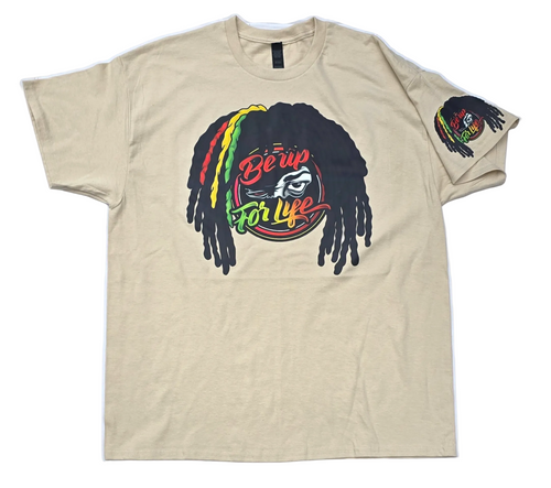 Beige t-shirt with a graphic of dreadlocks and text on a white background