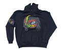 Black hoodie with colorful graphic design on a white background