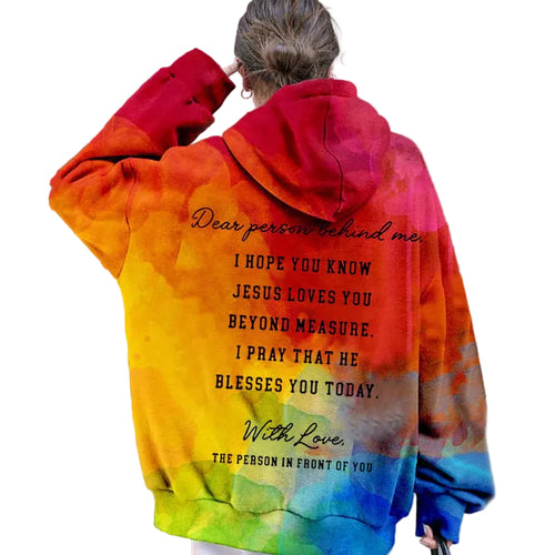 Ladies Jesus Loves You hoodie in multicolor - faith-based apparel"