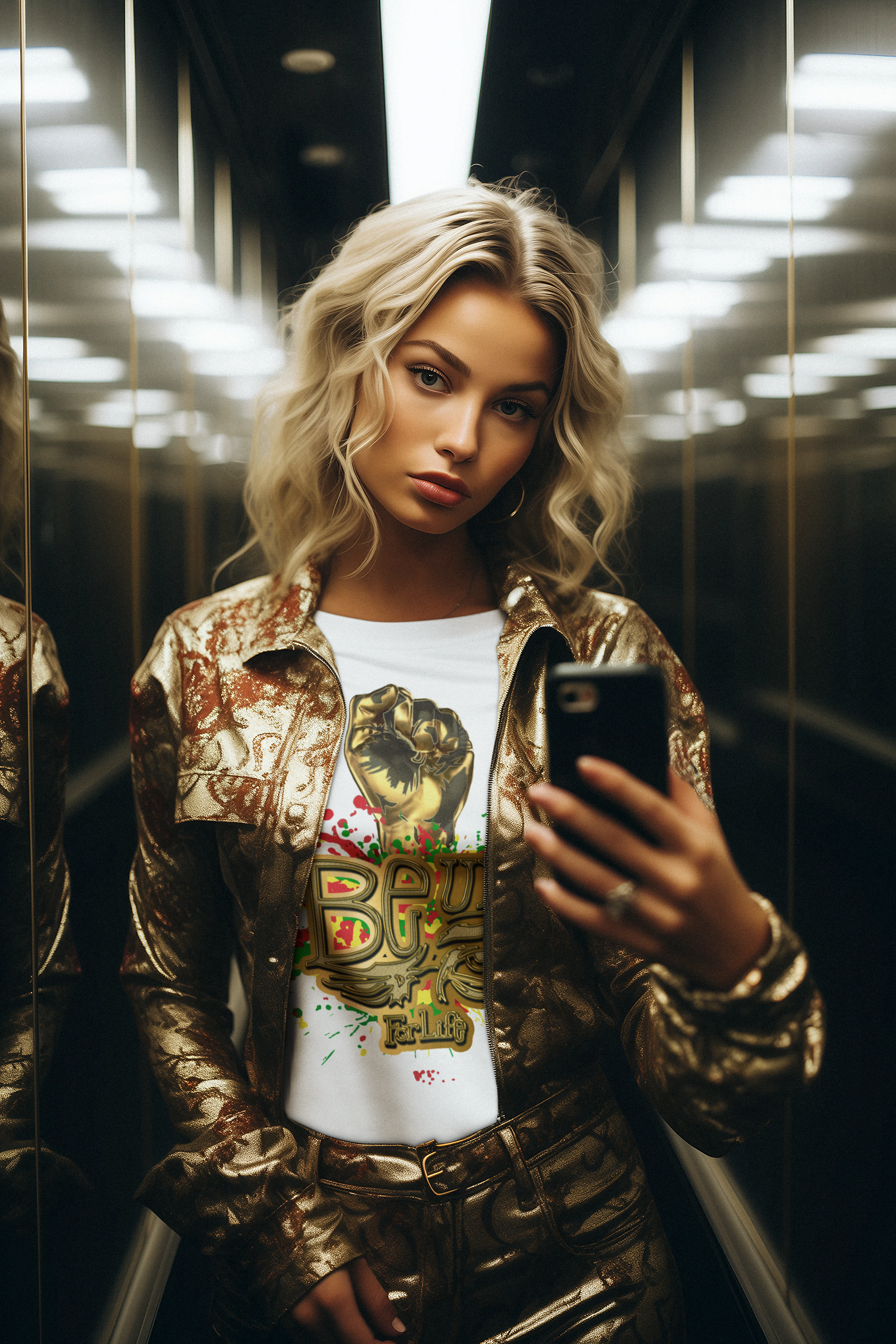 A woman takes a mirror selfie in a metallic elevator hallway, wearing a White Be Up For Life T Shirt