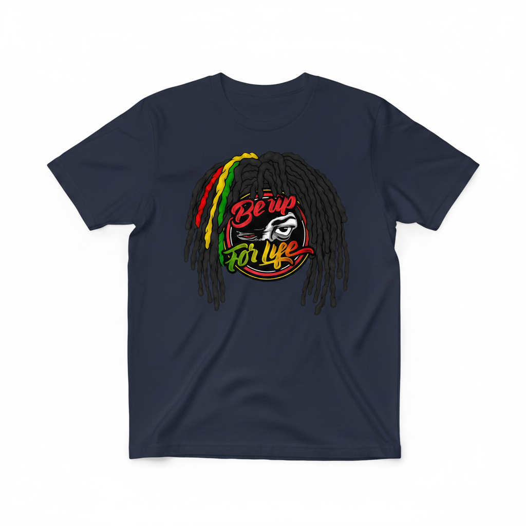 A navy blue short-sleeve t-shirt with a graphic on the chest depicting black dreadlocks with red, yellow, and green strands, alongside the text 'Be up For life' in stylized red and yellow lettering.