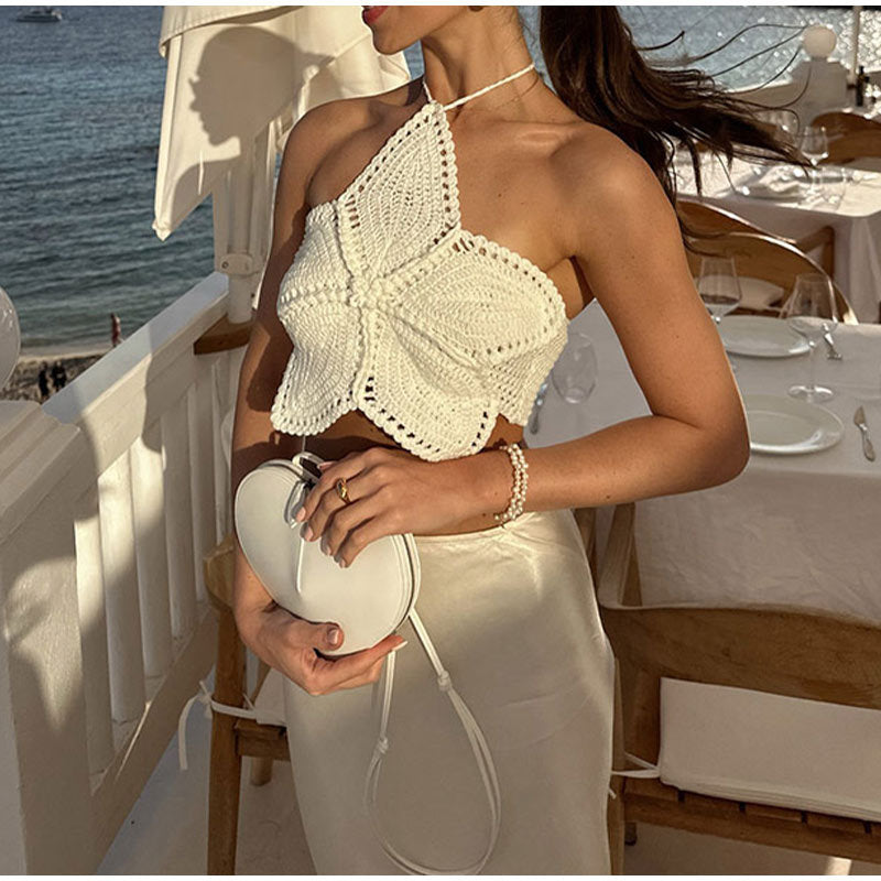 YL Halter Lace-up Flower Top