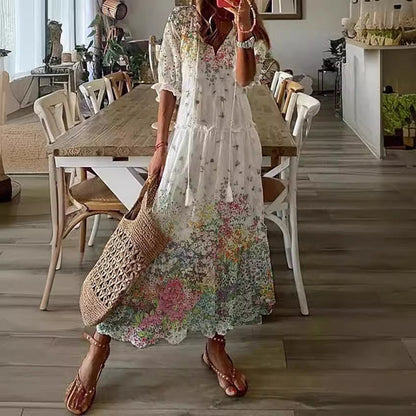 Long Sleeve Loose Bohemian Printed V-neck Maxi Dress BEUPFORLIFE.com