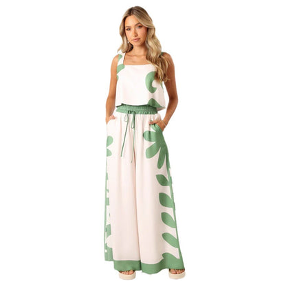 Printed Elastic Waist Wide Leg Two-piece Set