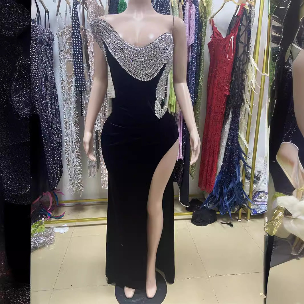 Rhinestone Design Split Shoulder Sleeveless Black Dress Be Up For Life