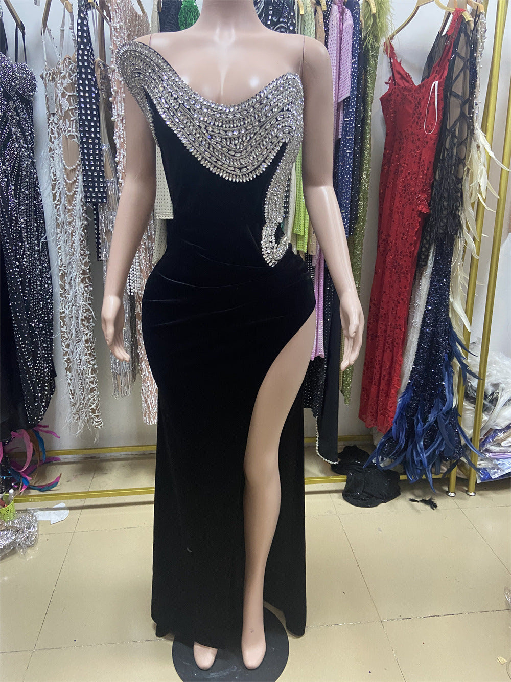 Rhinestone Design Split Shoulder Sleeveless Black Dress Be Up For Life